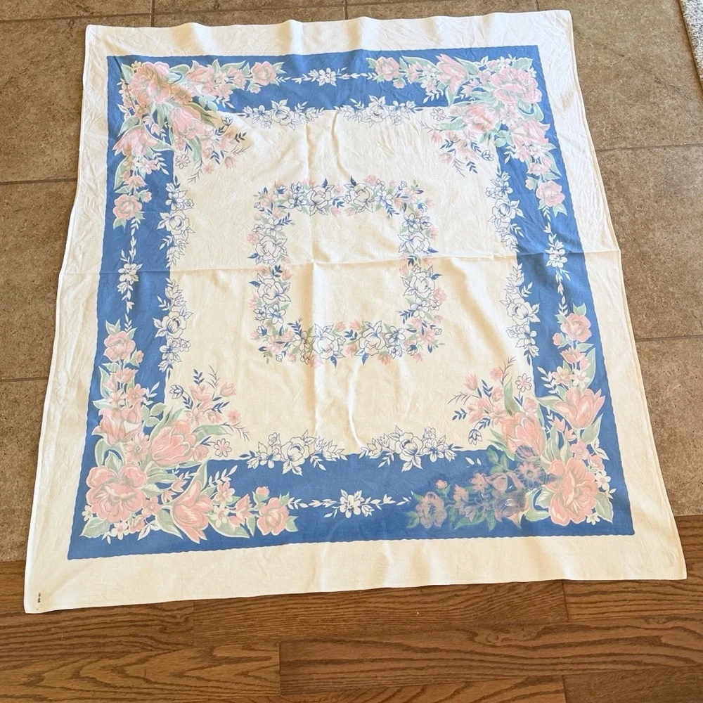 Vintage 1950’s Floral 51x45 Tablecloth. Pink | Blue Cottagecore | Simple Classic